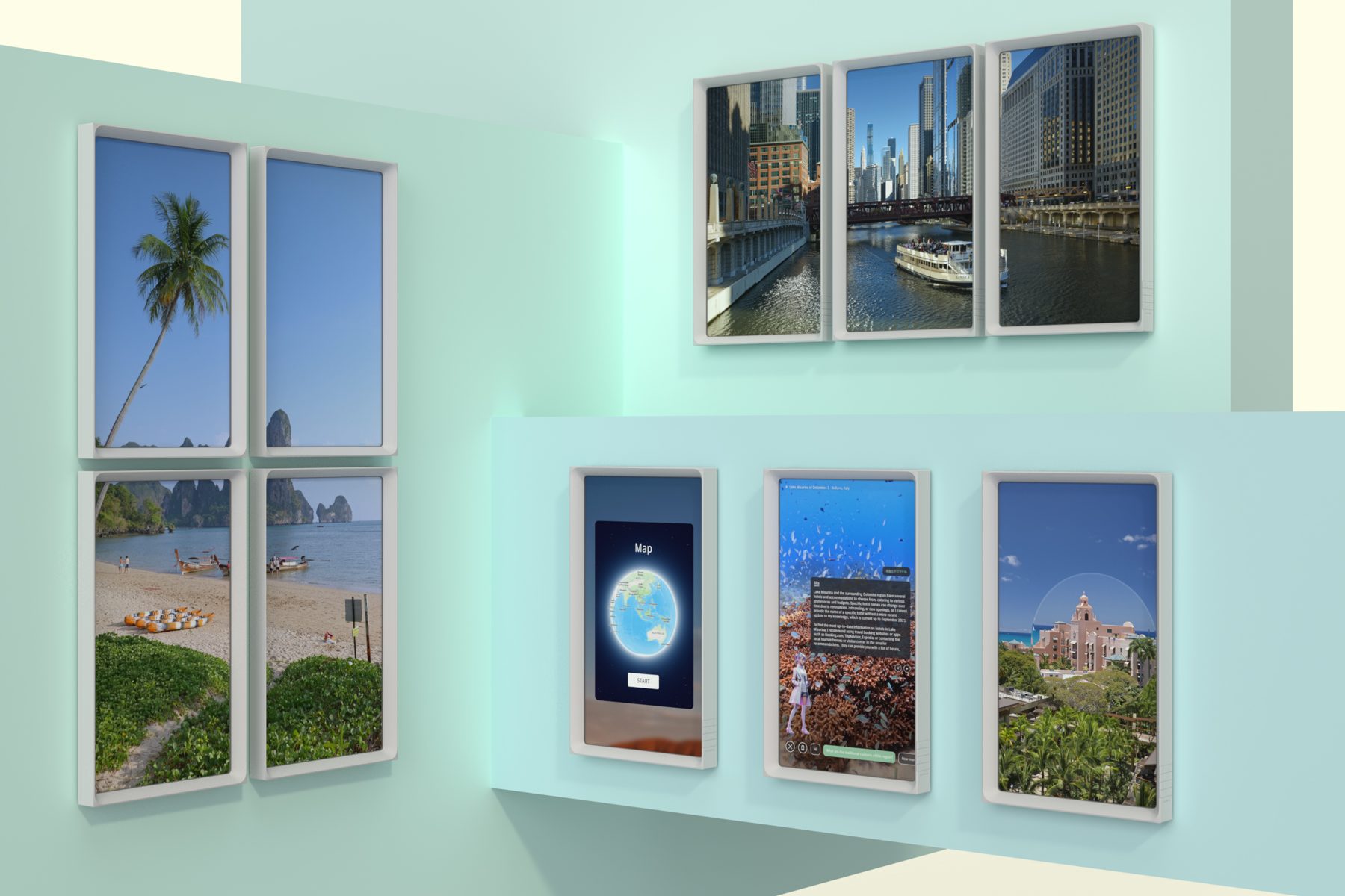 地球儀や世界の街を映した複数のAtmoph Window